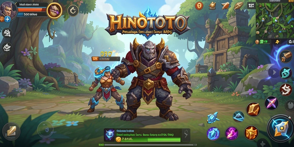 Tangkapan layar gameplay HINOTOTO dengan aksi pertempuran seru di dunia ARPG.