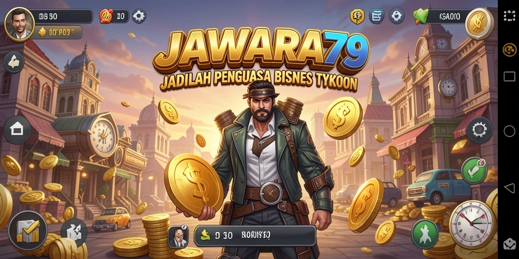 Tampilan gameplay seru JAWARA79 dengan manajemen bisnis yang mendalam.
