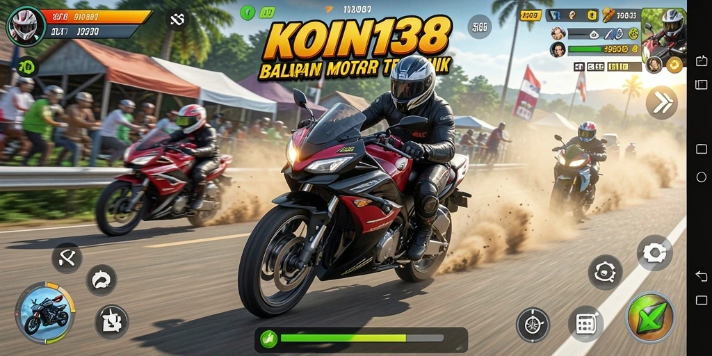 Screenshot gameplay KOIN138 menampilkan balapan motor yang mendebarkan dan trek yang menantang.
