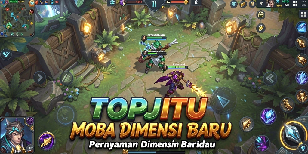 Screenshot utama TOPJITU menampilkan pertarungan seru dalam permainan MOBA.